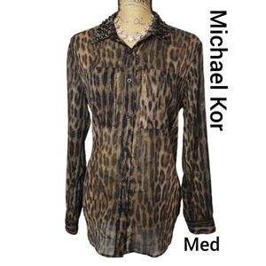 Michael Michael Kor Button Up Semi Sheer Embellished Blouse Medium NWOT